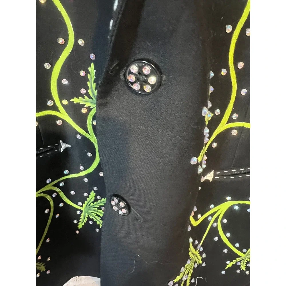 OOAK Hand Painted Wool Blazer 44R Rhinestone Cannabis Cross Wearable Art